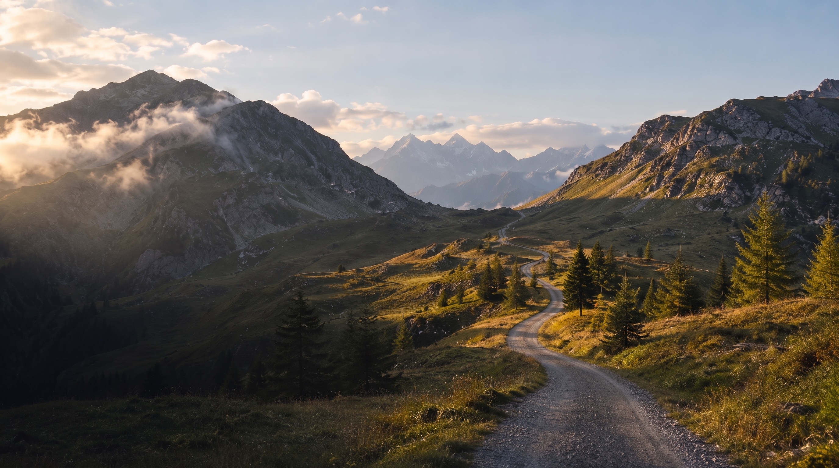 A road winding through an alpine meadow toward a mountain pass